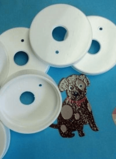 A dog is sitting on the ground next to some white discs.